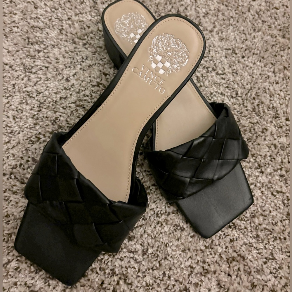 Vince Camuto black leather slides, excellent condition size 8. Still available!